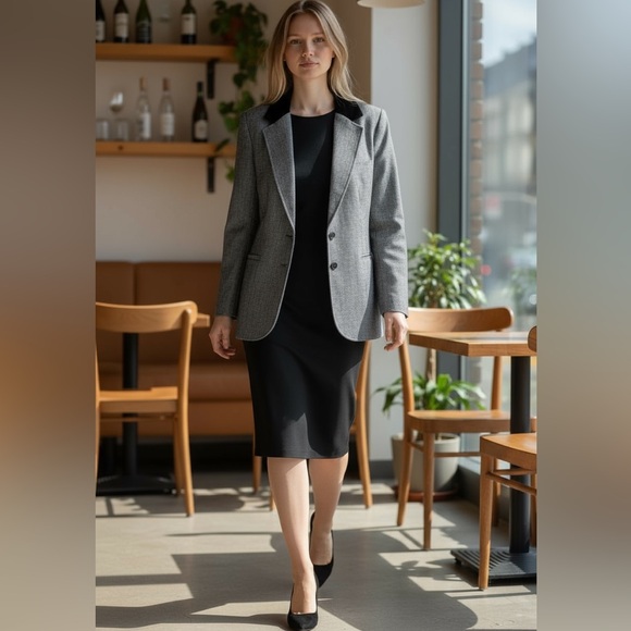 VINTAGE wool black/white check velvet lapel blazer size XL fall winter career - Picture 1 of 6